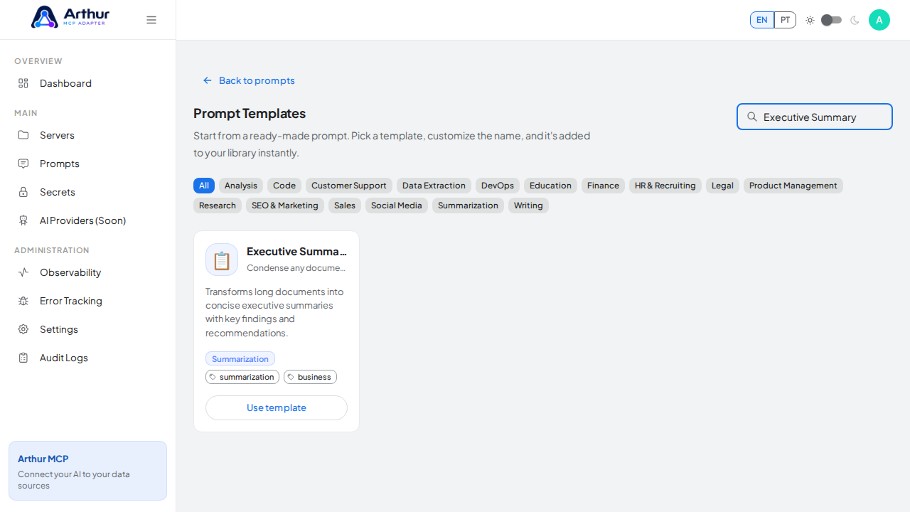 Search the catalog for the Executive Summary template