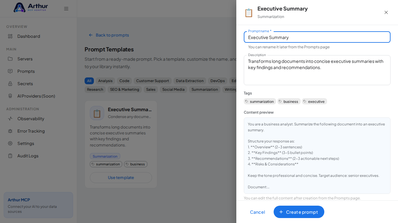 Open the Executive Summary template with its prefilled name and content preview