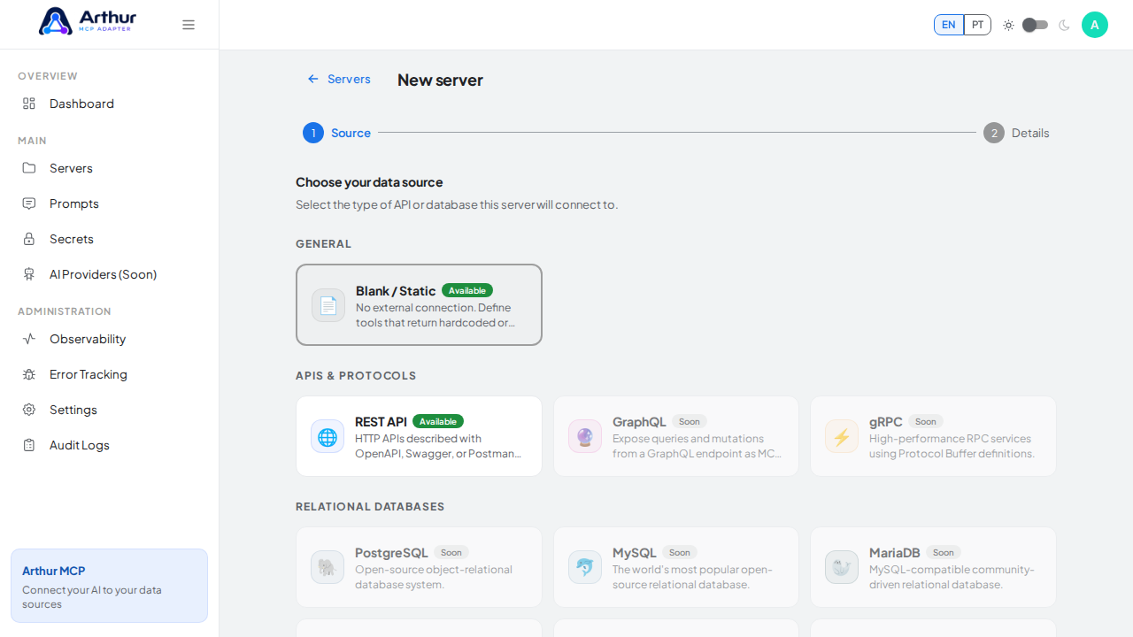 Choose the Blank / Static source — no external connection is needed for a prompt-only server