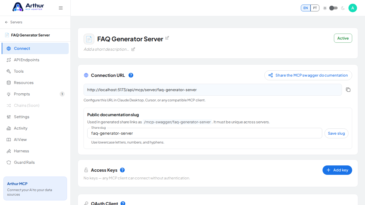 Open the server's Connect section, where the MCP endpoint and its documentation live