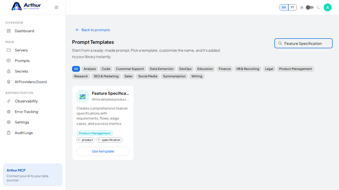 Search the catalog for the Feature Specification template