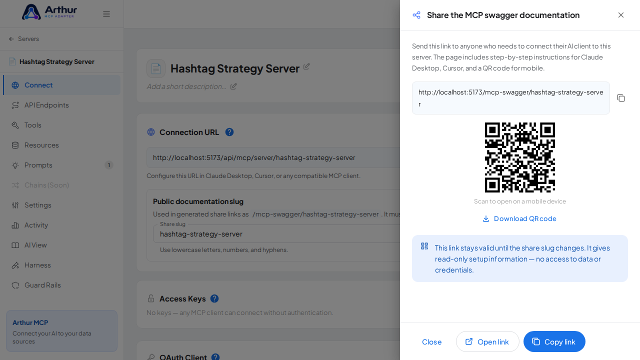 Show the generated swagger documentation link and QR code for this server