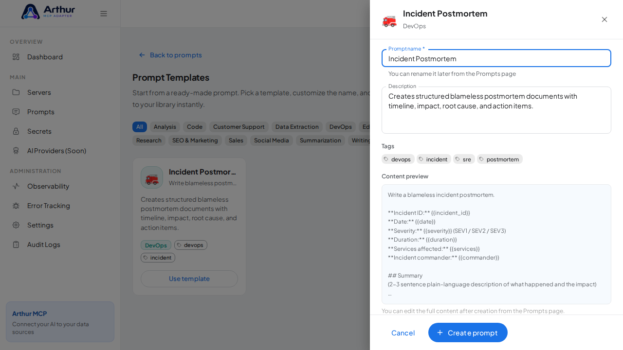 Open the Incident Postmortem template with its prefilled name and content preview
