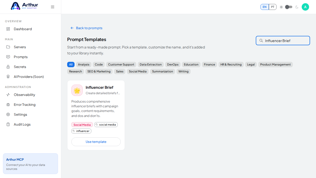 Search the catalog for the Influencer Brief template
