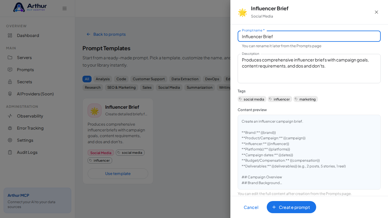 Open the Influencer Brief template with its prefilled name and content preview
