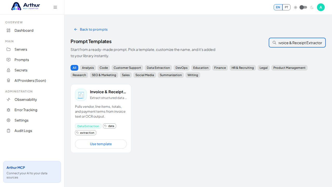Search the catalog for the Invoice & Receipt Extractor template