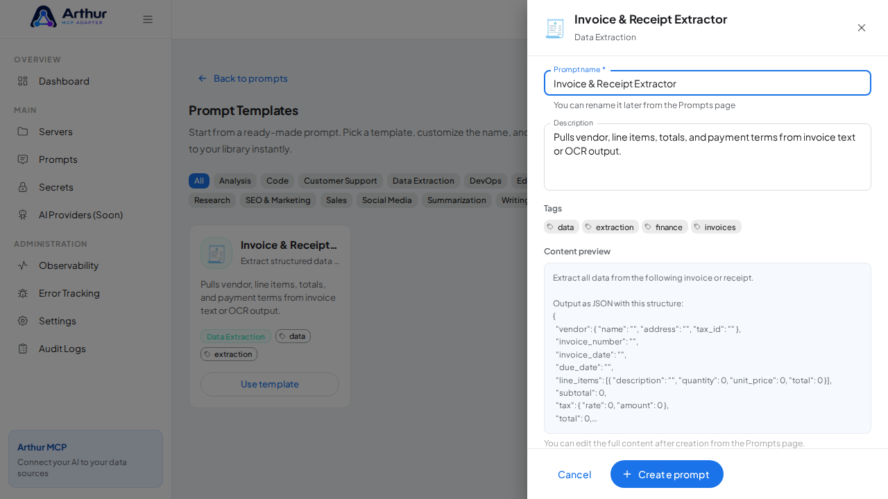 Open the Invoice & Receipt Extractor template with its prefilled name and content preview