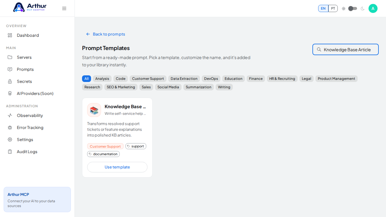 Search the catalog for the Knowledge Base Article template