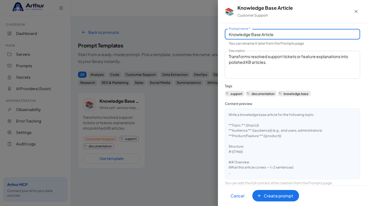 Open the Knowledge Base Article template with its prefilled name and content preview