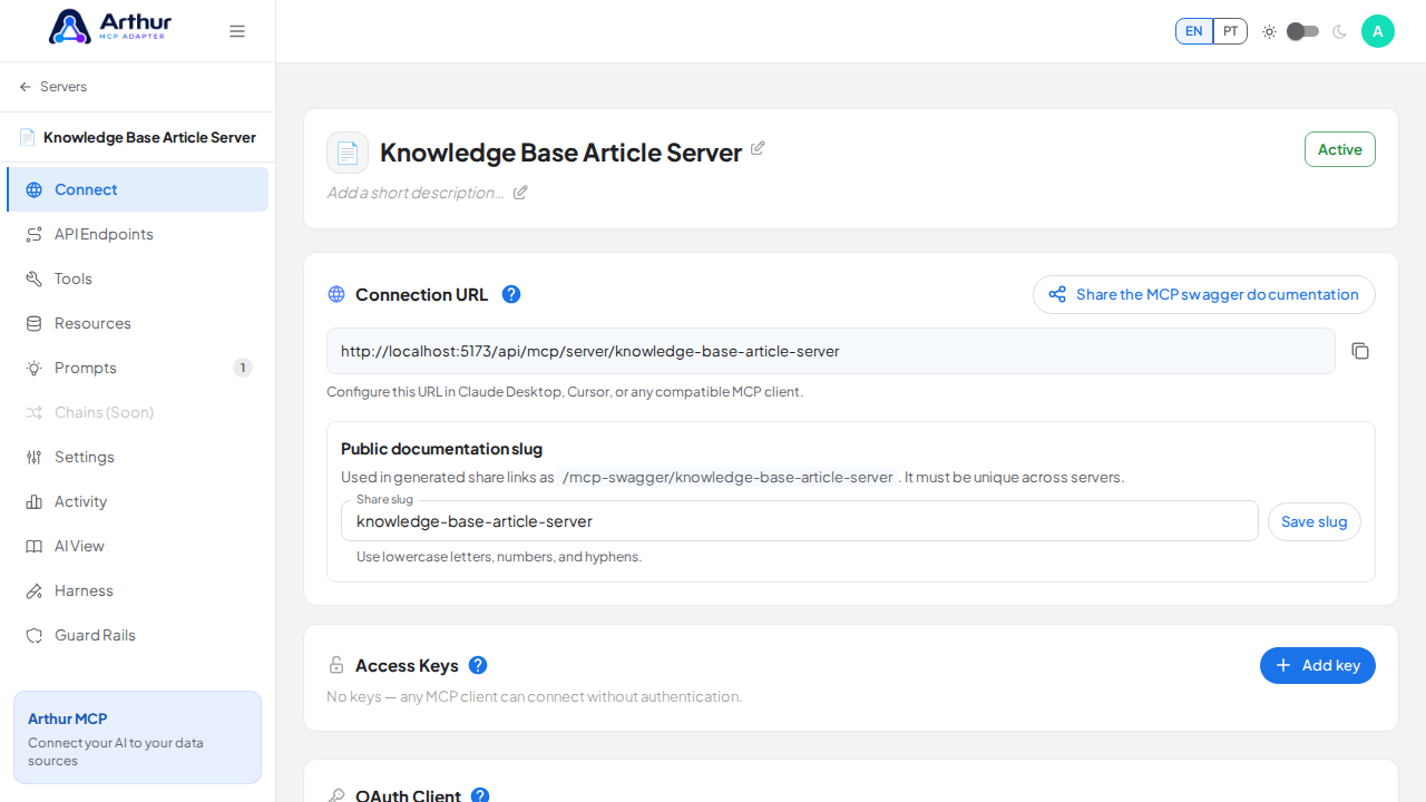 Open the server's Connect section, where the MCP endpoint and its documentation live