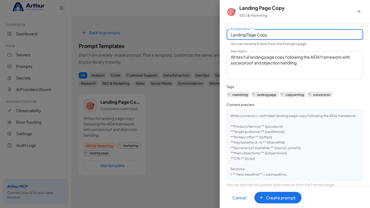 Open the Landing Page Copy template with its prefilled name and content preview