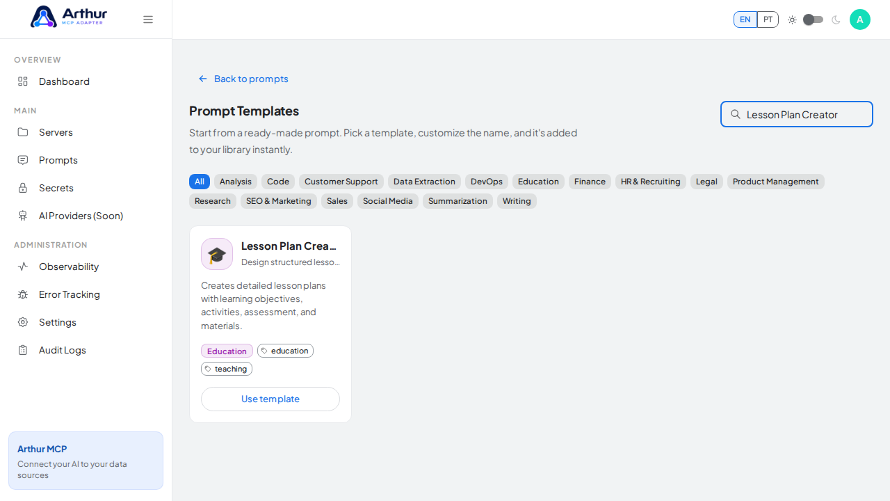 Search the catalog for the Lesson Plan Creator template