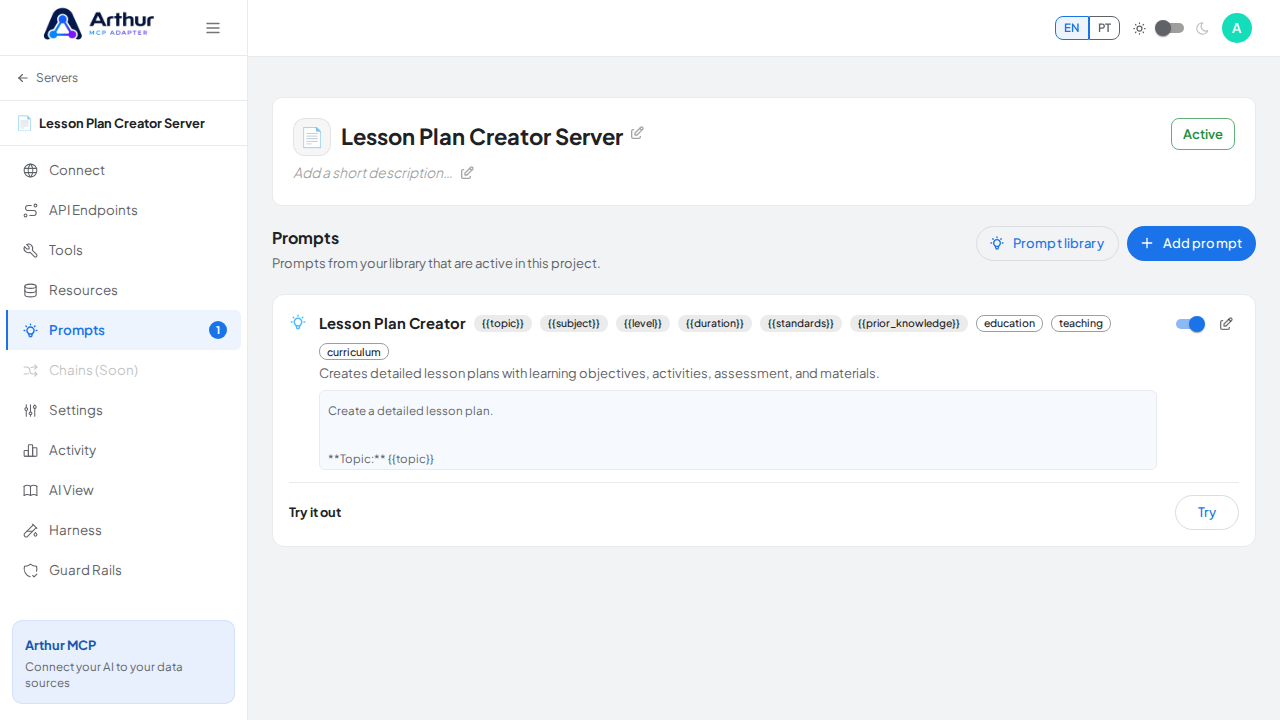 Close the picker and show the linked prompt on the Prompts tab