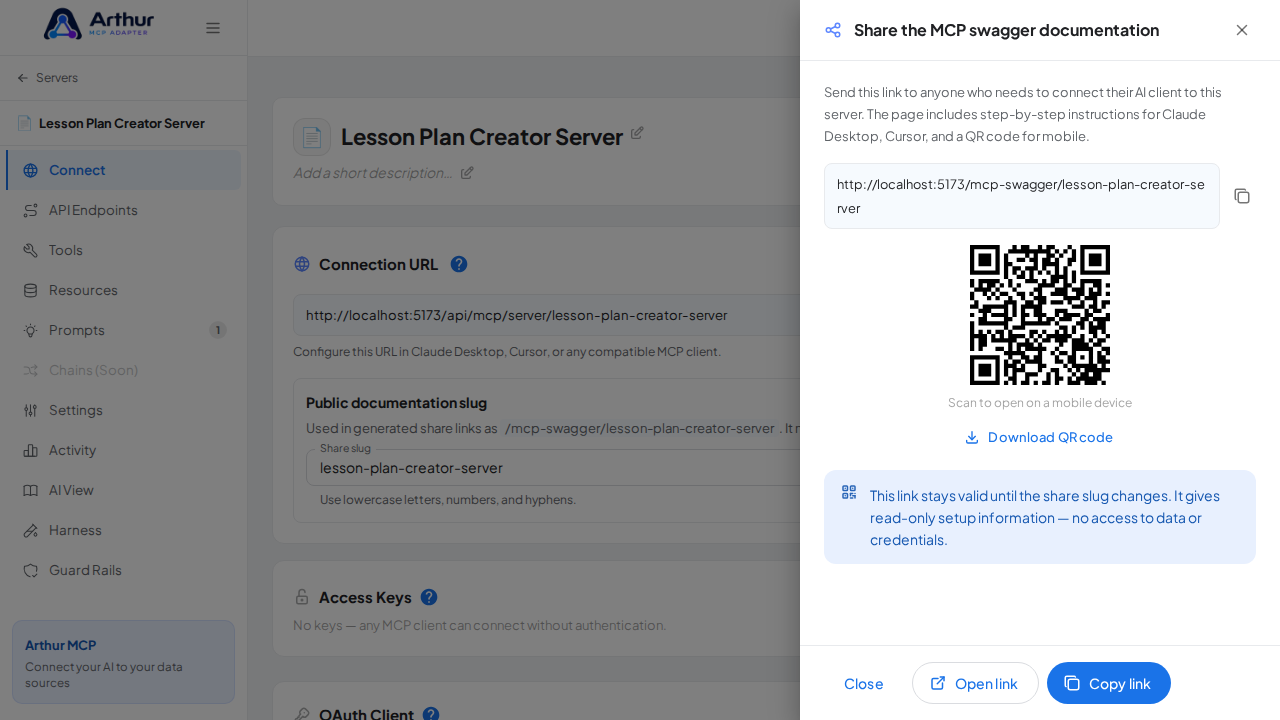 Open the MCP swagger documentation share panel