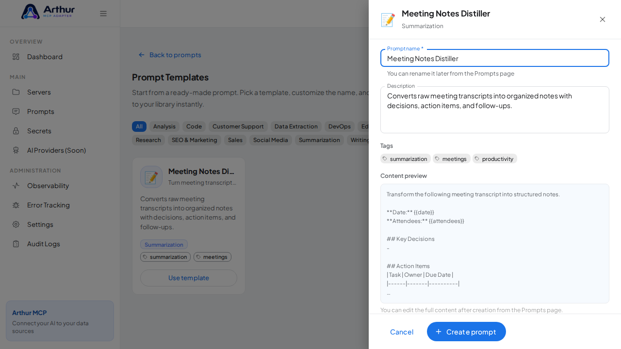 Open the Meeting Notes Distiller template with its prefilled name and content preview