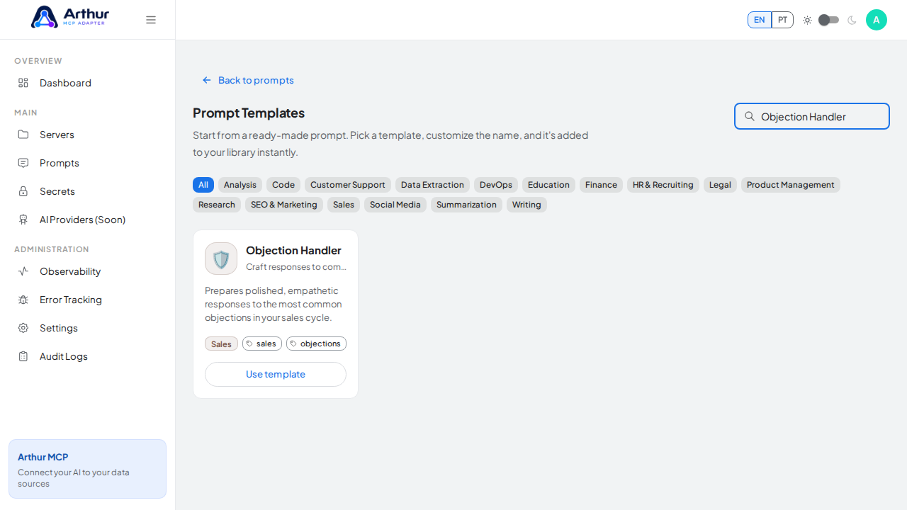 Search the catalog for the Objection Handler template