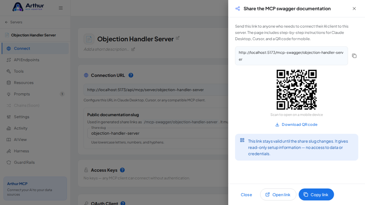 Open the MCP swagger documentation share panel