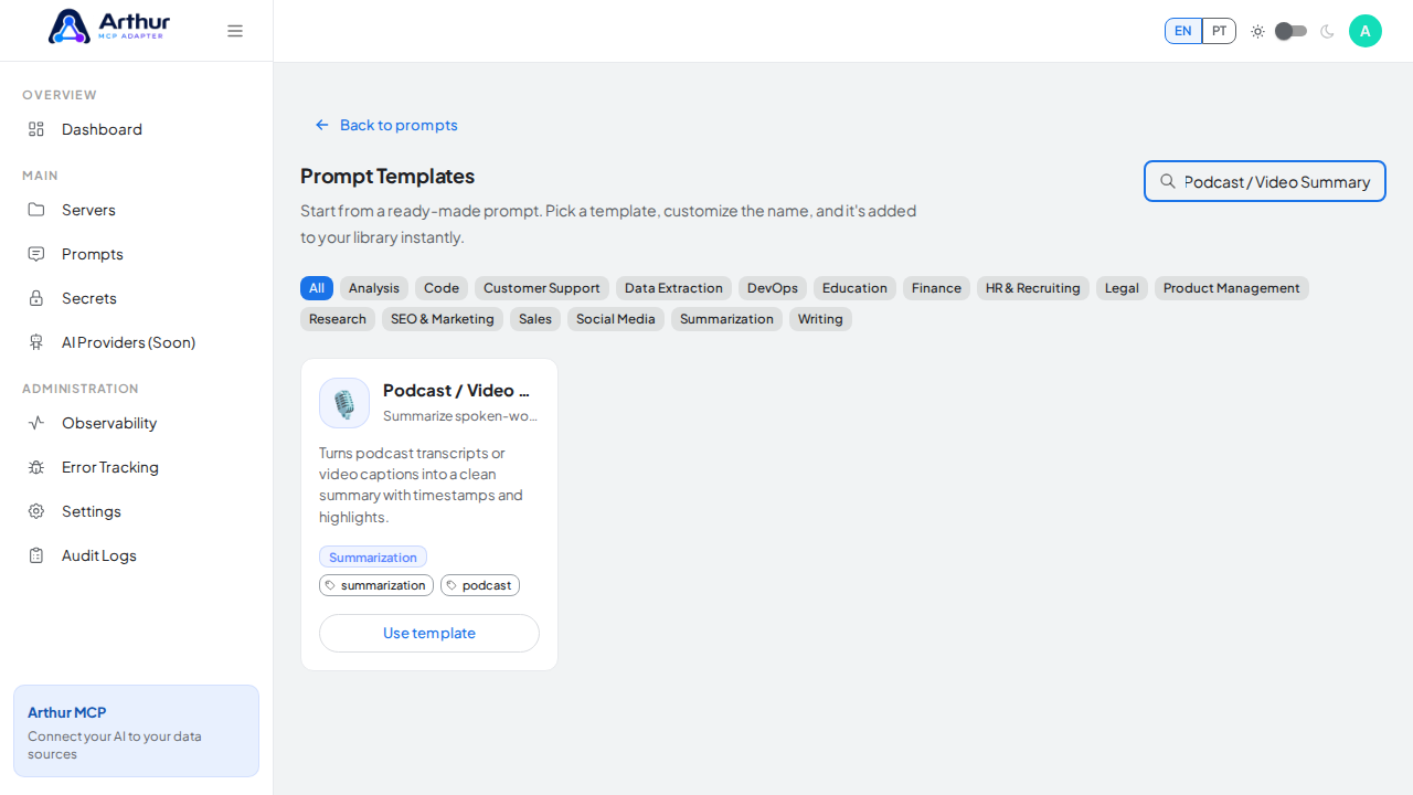 Search the catalog for the Podcast / Video Summary template