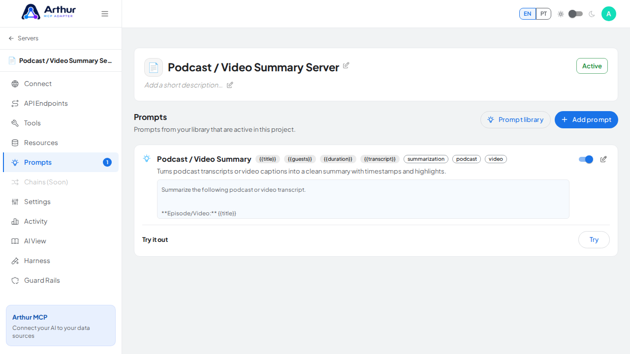 Close the picker and show the linked prompt on the Prompts tab