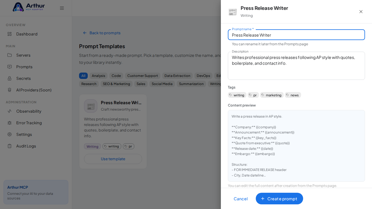 Open the Press Release Writer template with its prefilled name and content preview