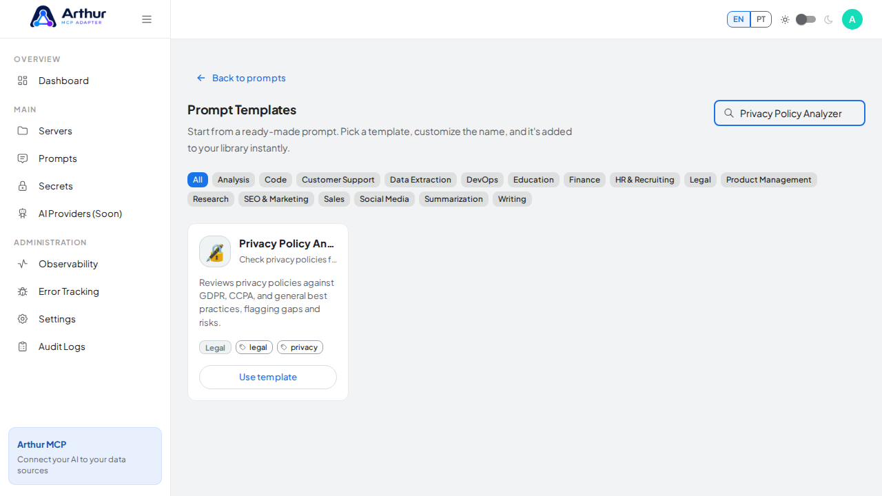 Search the catalog for the Privacy Policy Analyzer template