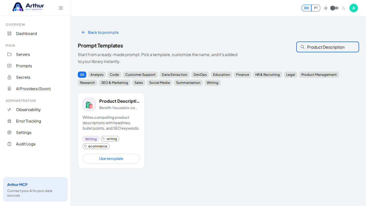 Search the catalog for the Product Description template