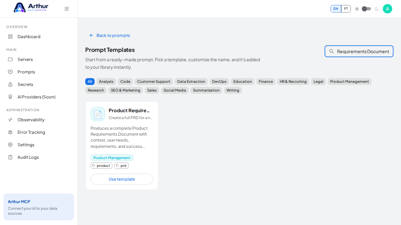 Search the catalog for the Product Requirements Document template