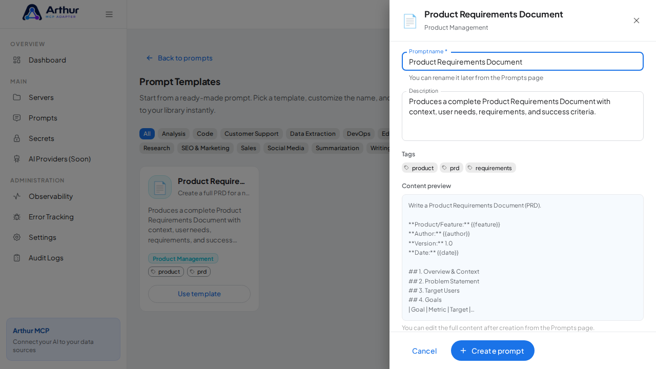 Open the Product Requirements Document template with its prefilled name and content preview