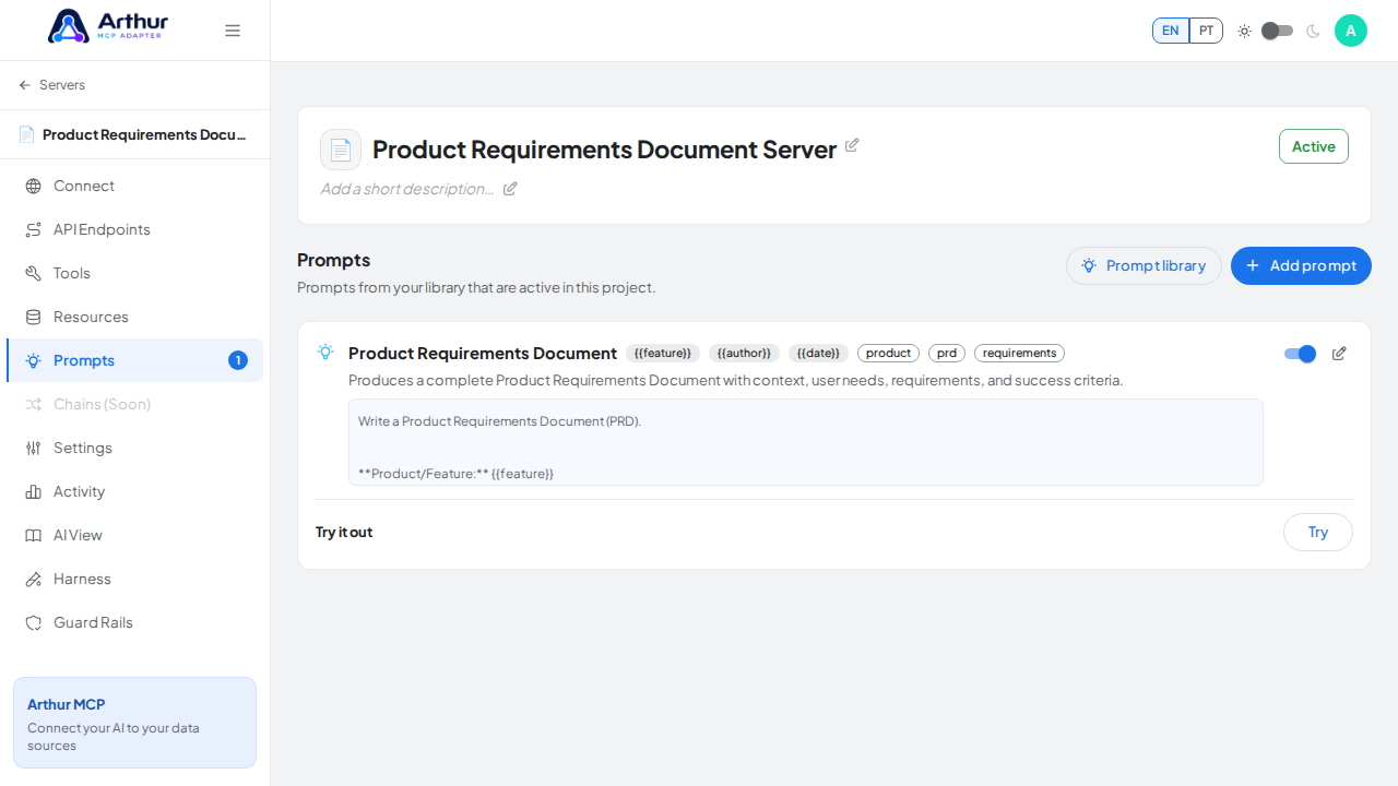 Close the picker and show the linked prompt on the Prompts tab