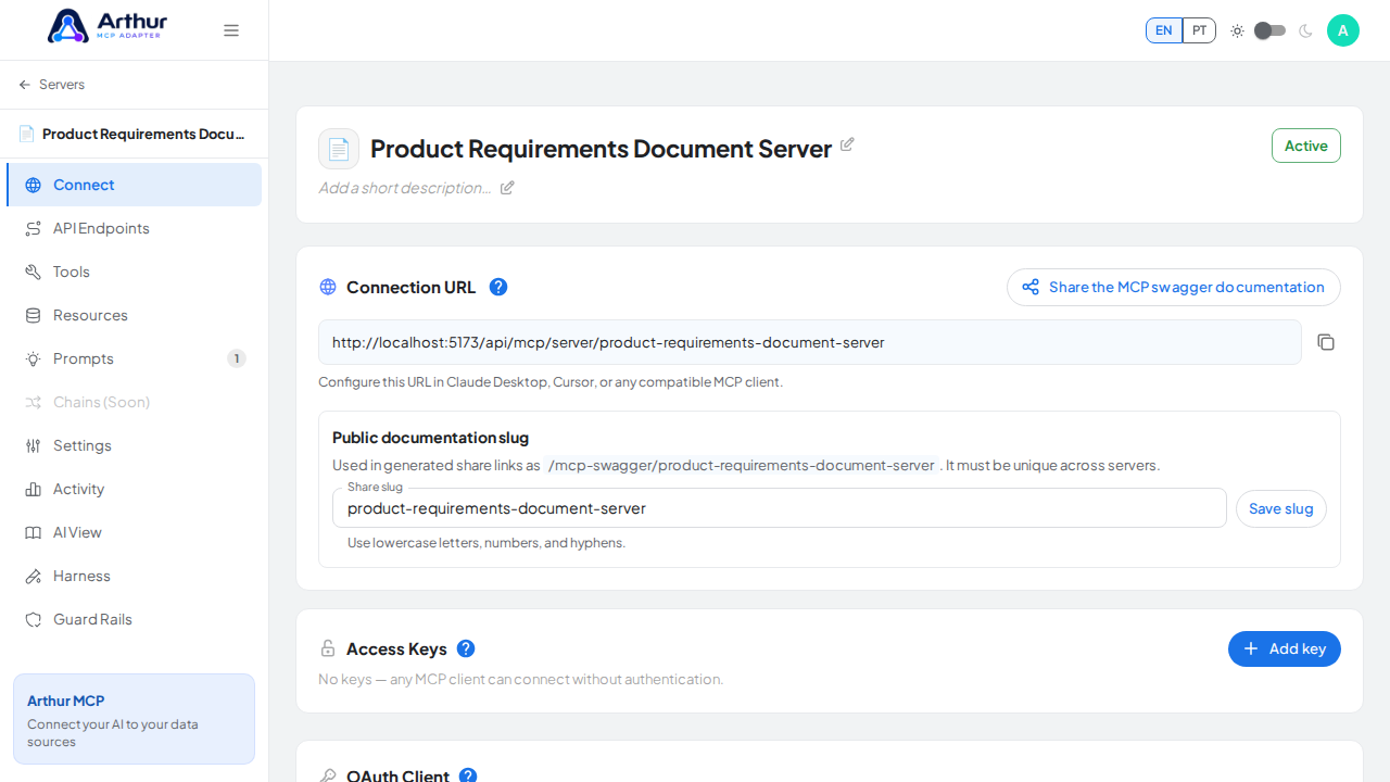 Open the server's Connect section, where the MCP endpoint and its documentation live
