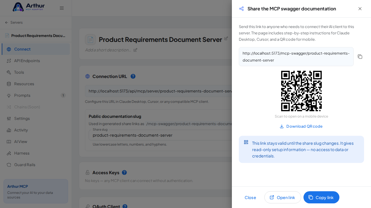 Show the generated swagger documentation link and QR code for this server