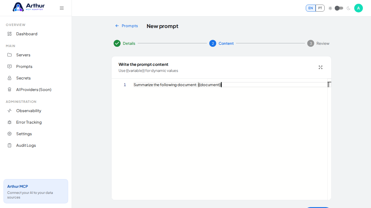 Write prompt content with a dynamic document variable