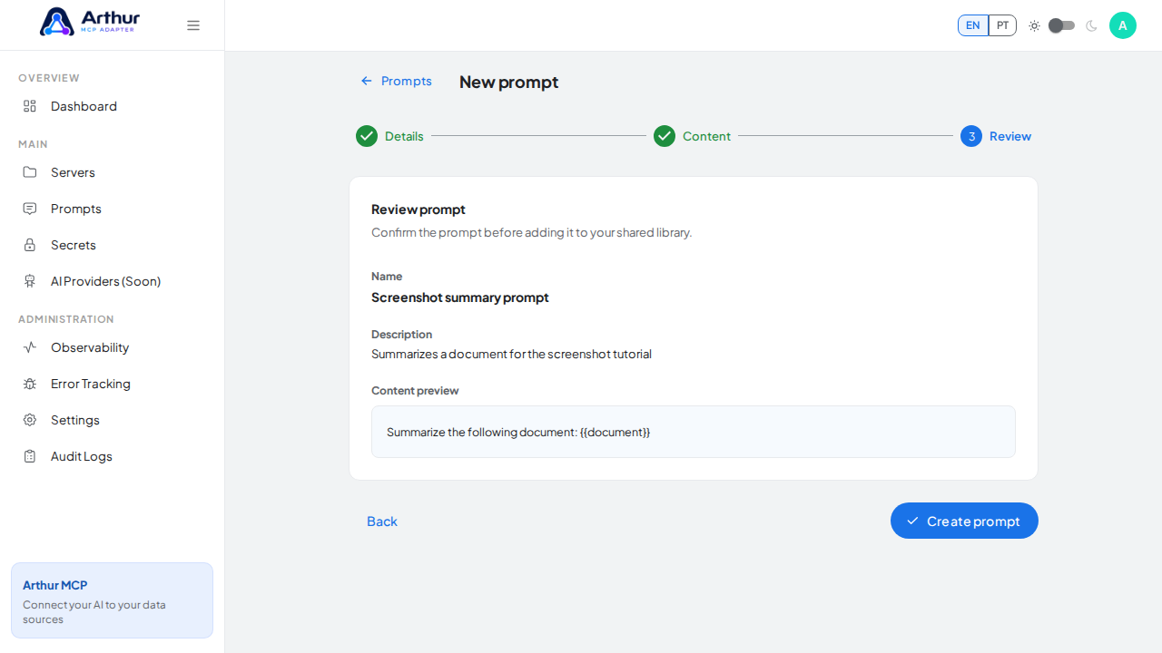 Review the prompt name, content, and detected variable without saving a temporary record