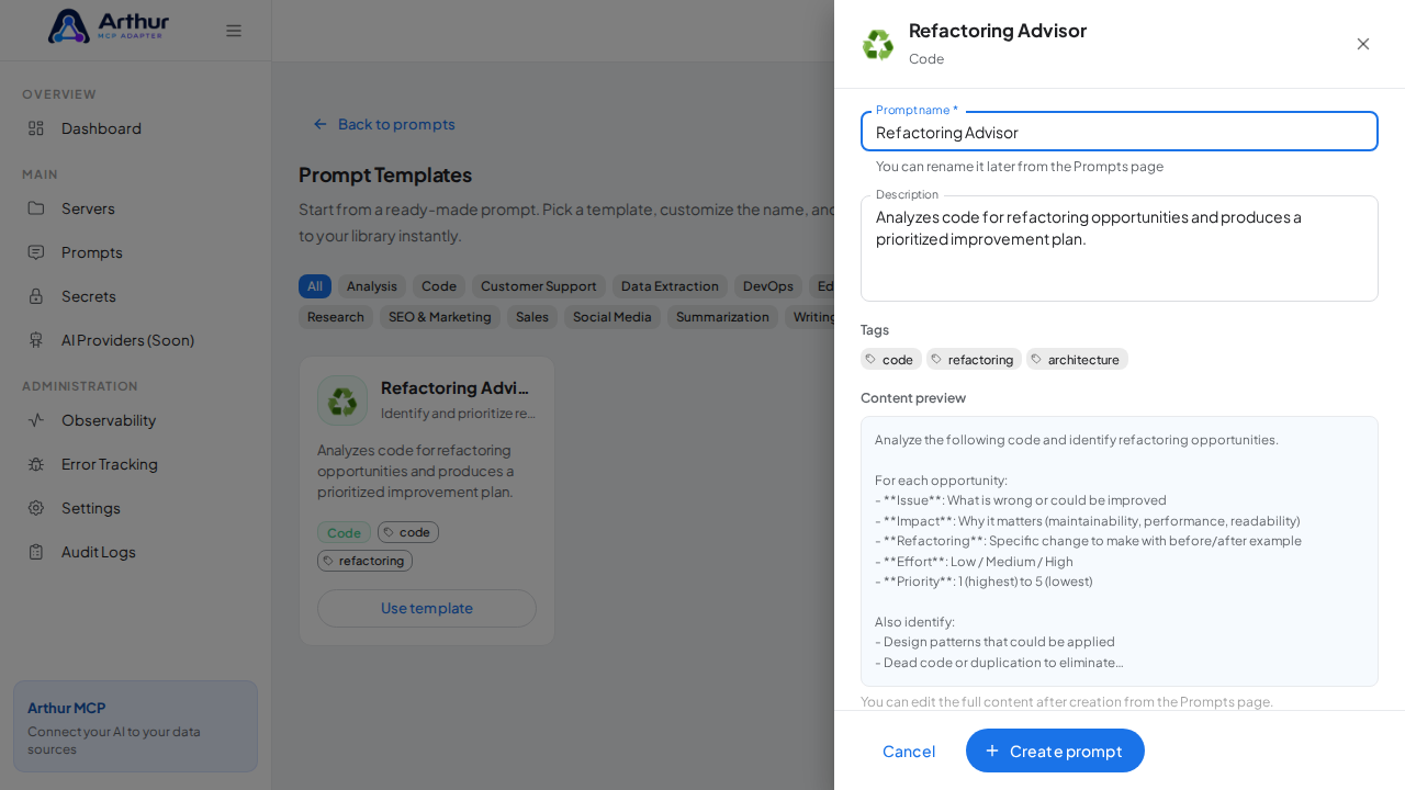 Open the Refactoring Advisor template with its prefilled name and content preview