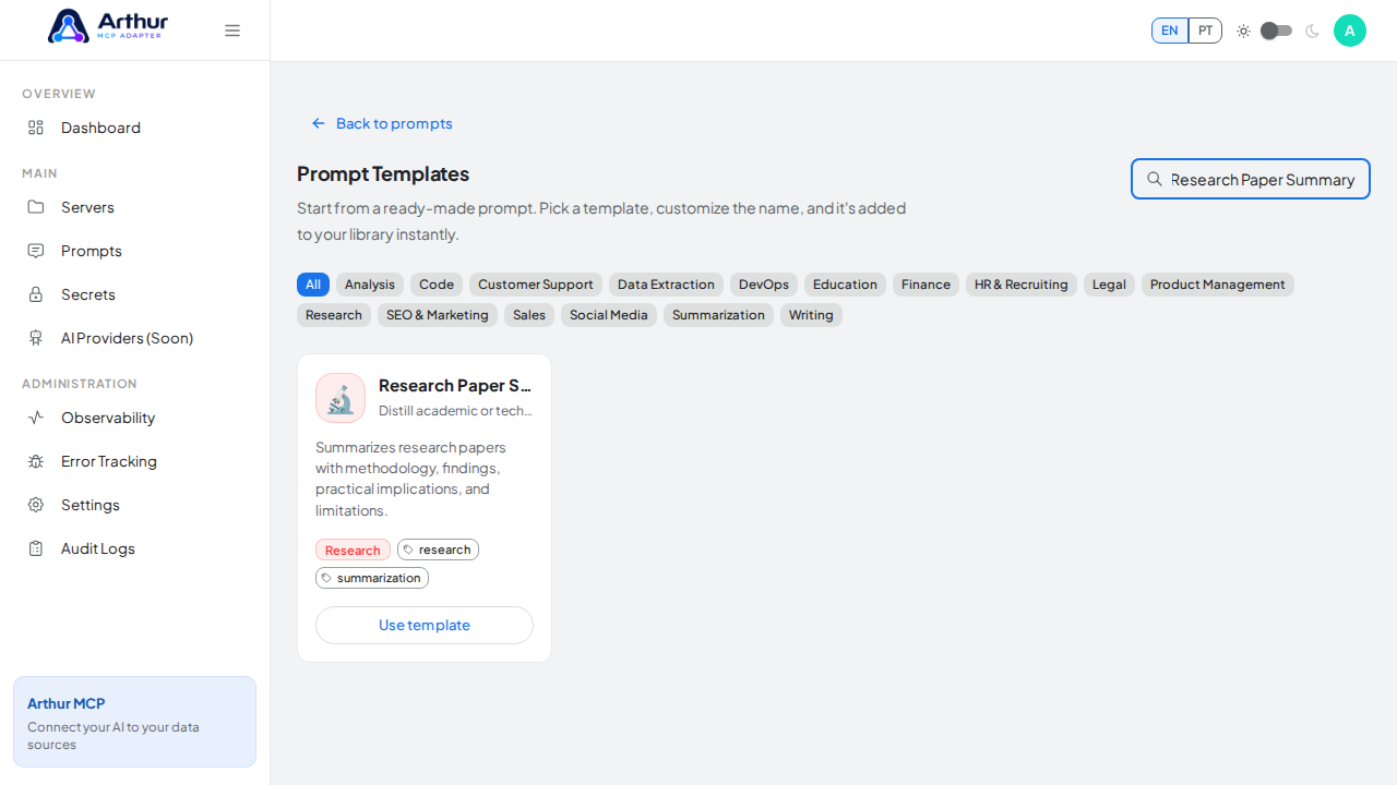 Search the catalog for the Research Paper Summary template