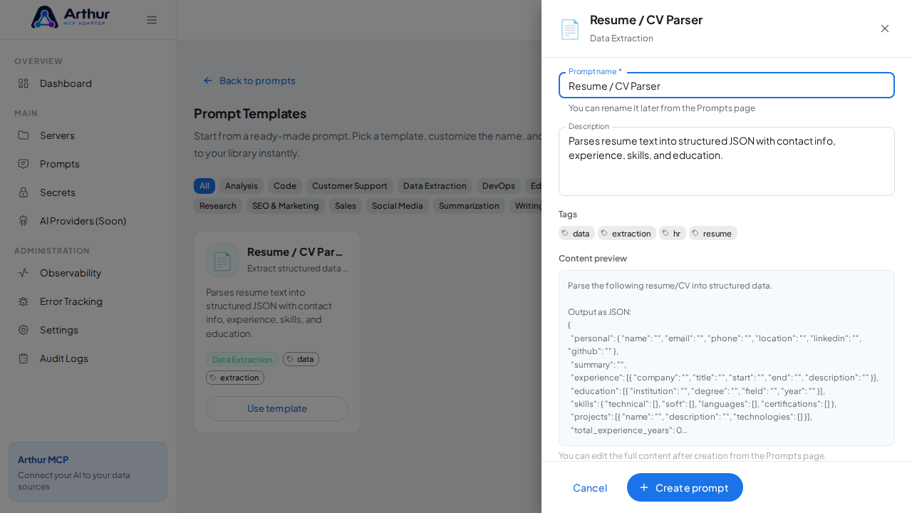 Open the Resume / CV Parser template with its prefilled name and content preview