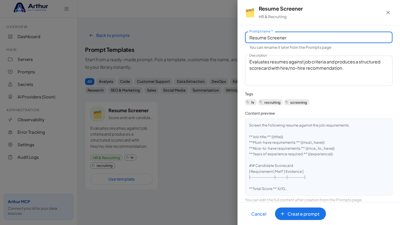 Open the Resume Screener template with its prefilled name and content preview