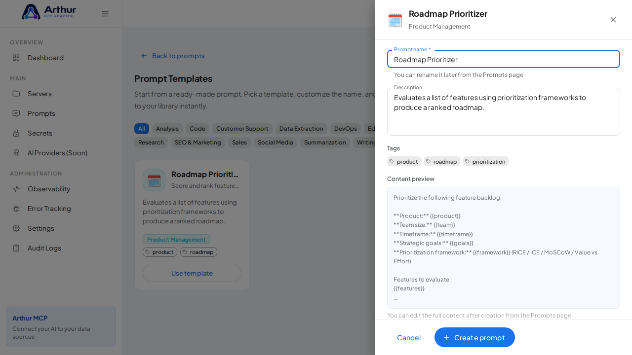 Open the Roadmap Prioritizer template with its prefilled name and content preview