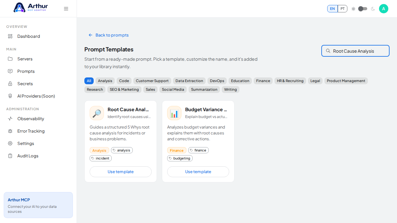 Search the catalog for the Root Cause Analysis template