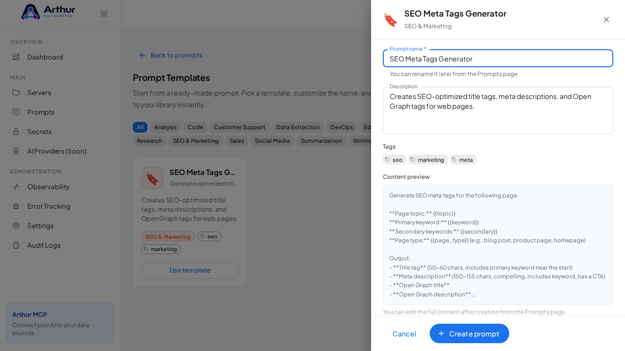 Open the SEO Meta Tags Generator template with its prefilled name and content preview