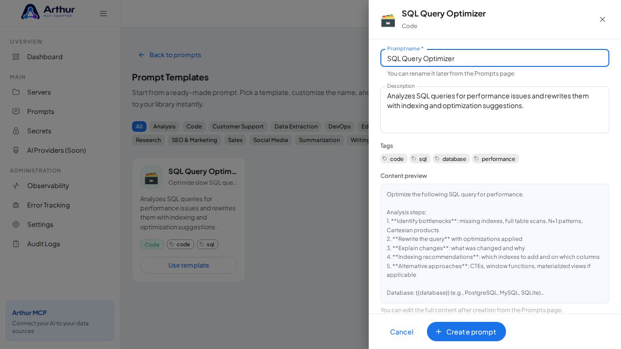Open the SQL Query Optimizer template with its prefilled name and content preview