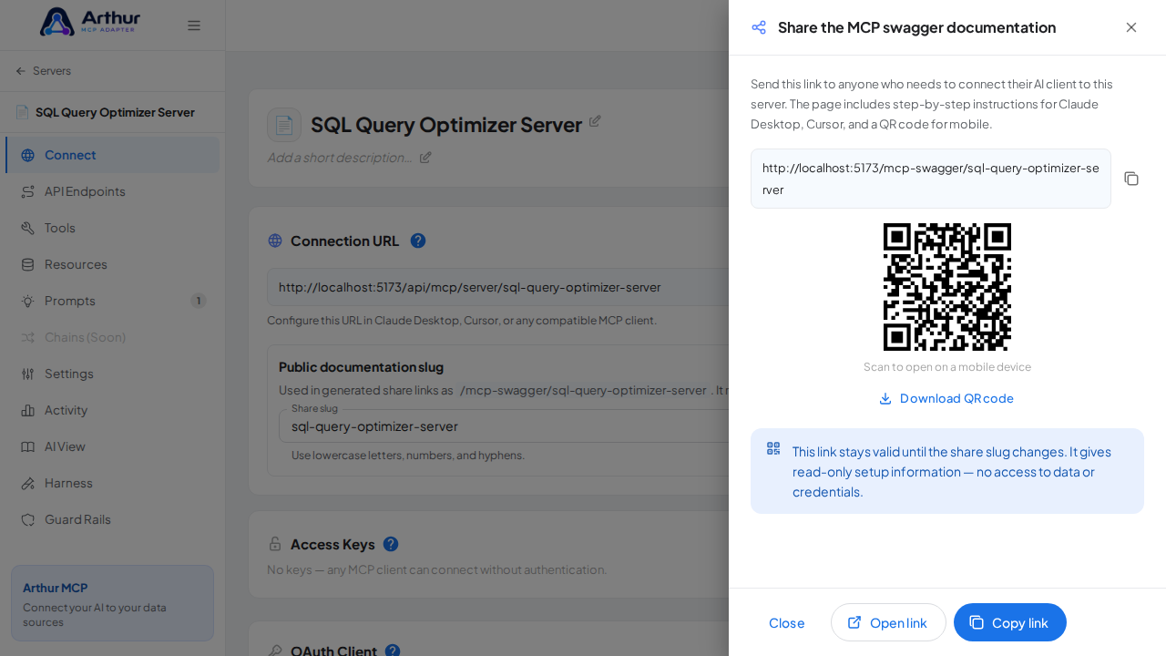 Open the MCP swagger documentation share panel