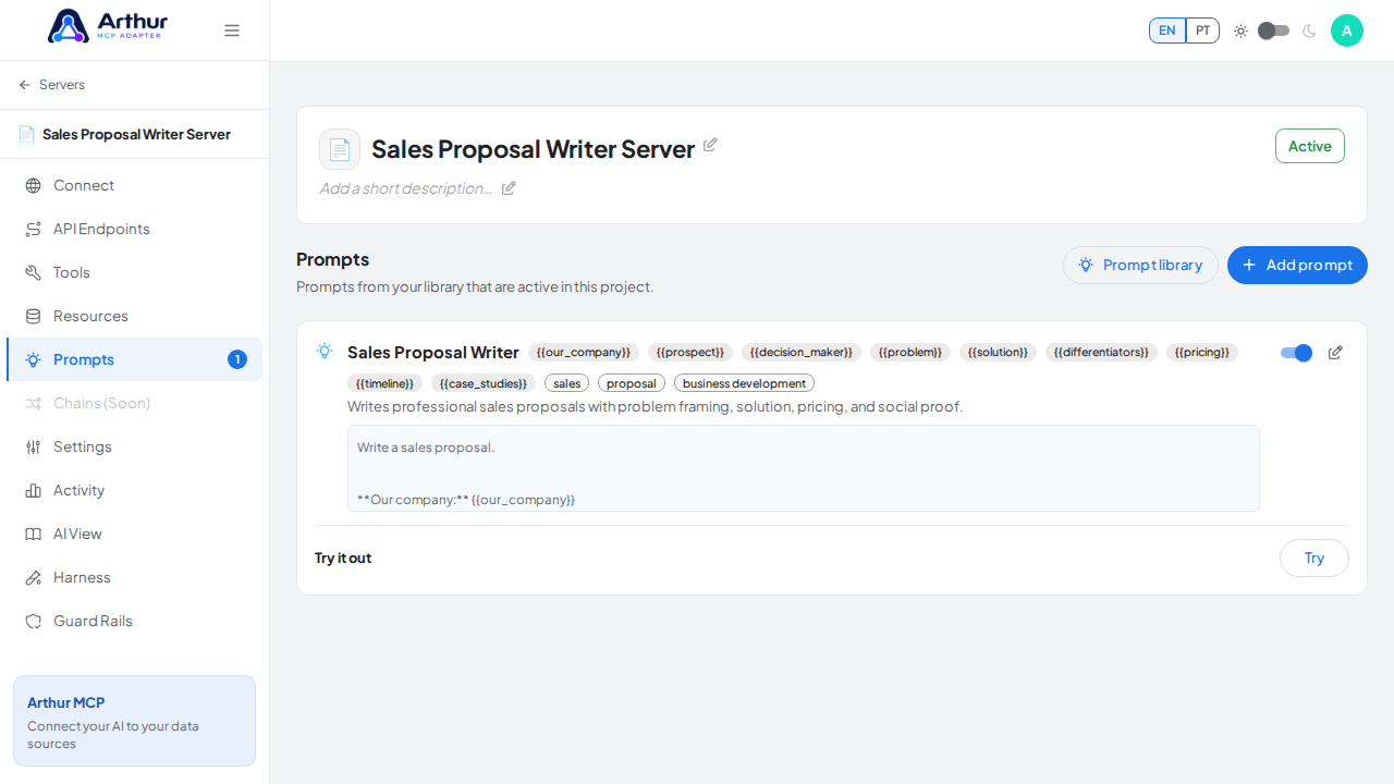 Close the picker and show the linked prompt on the Prompts tab