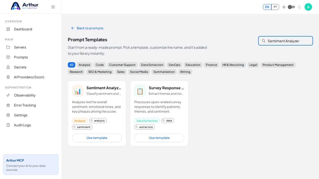 Search the catalog for the Sentiment Analyzer template