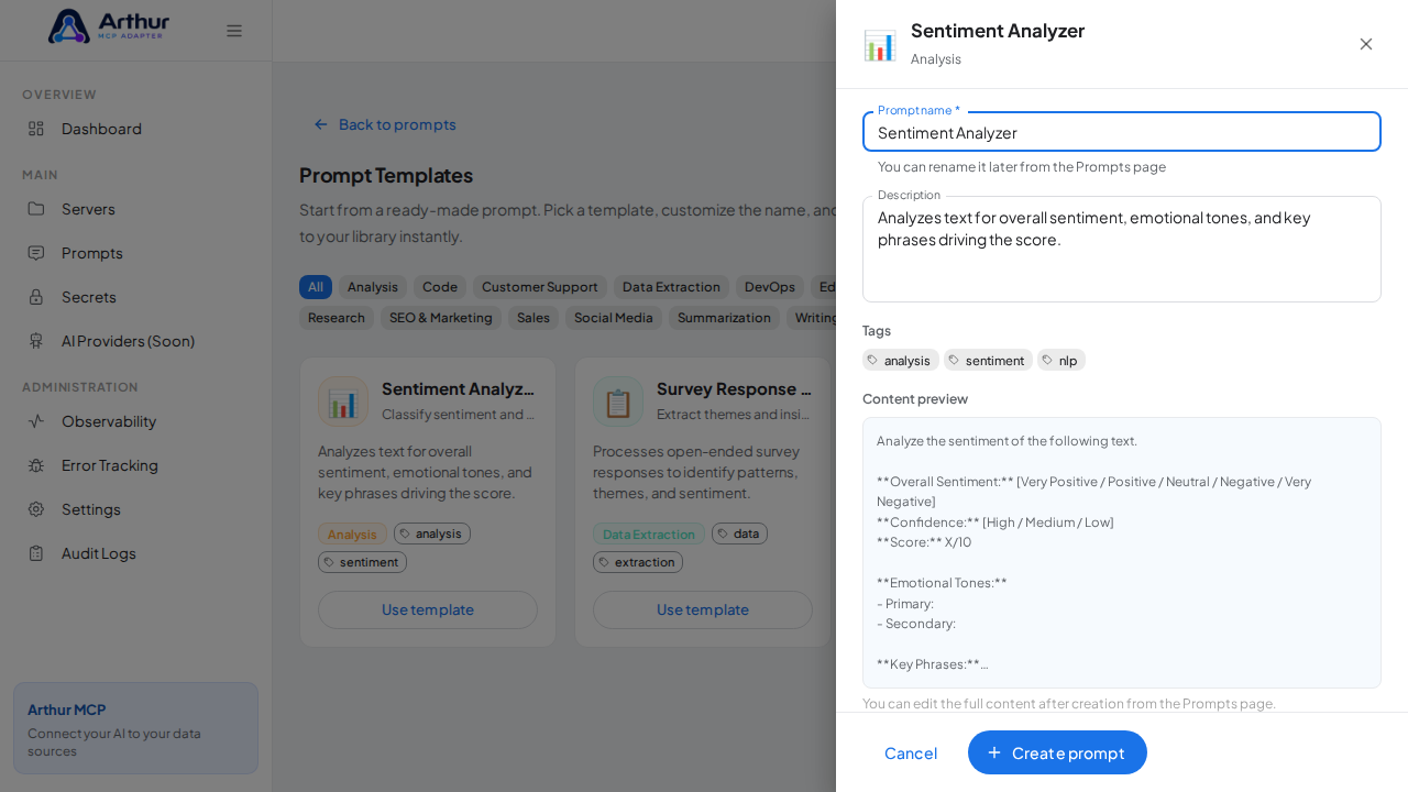 Open the Sentiment Analyzer template with its prefilled name and content preview