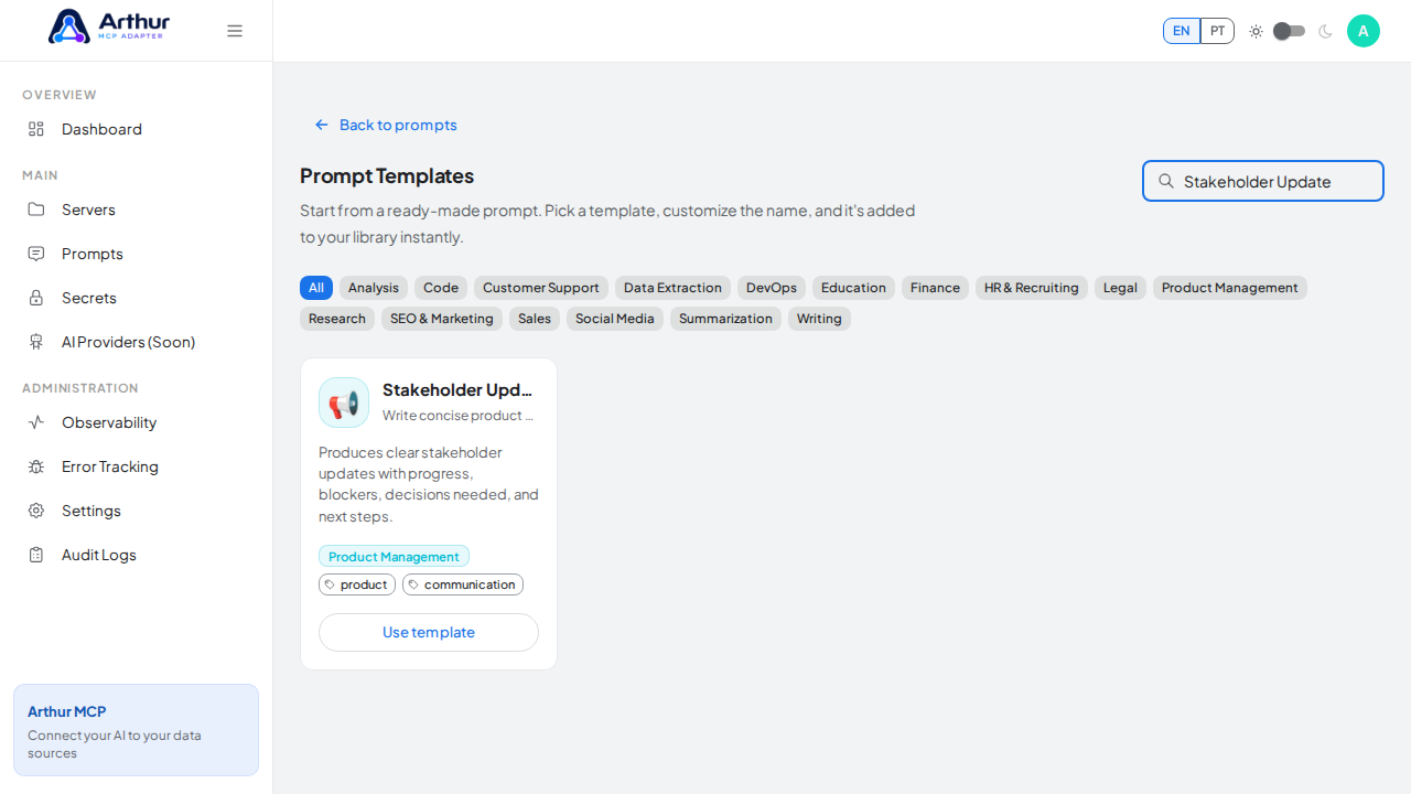 Search the catalog for the Stakeholder Update template