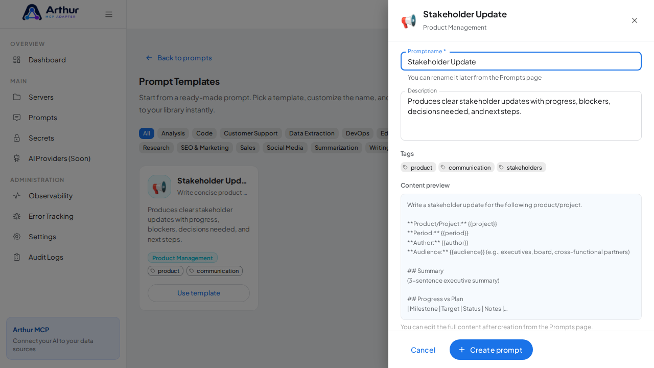 Open the Stakeholder Update template with its prefilled name and content preview