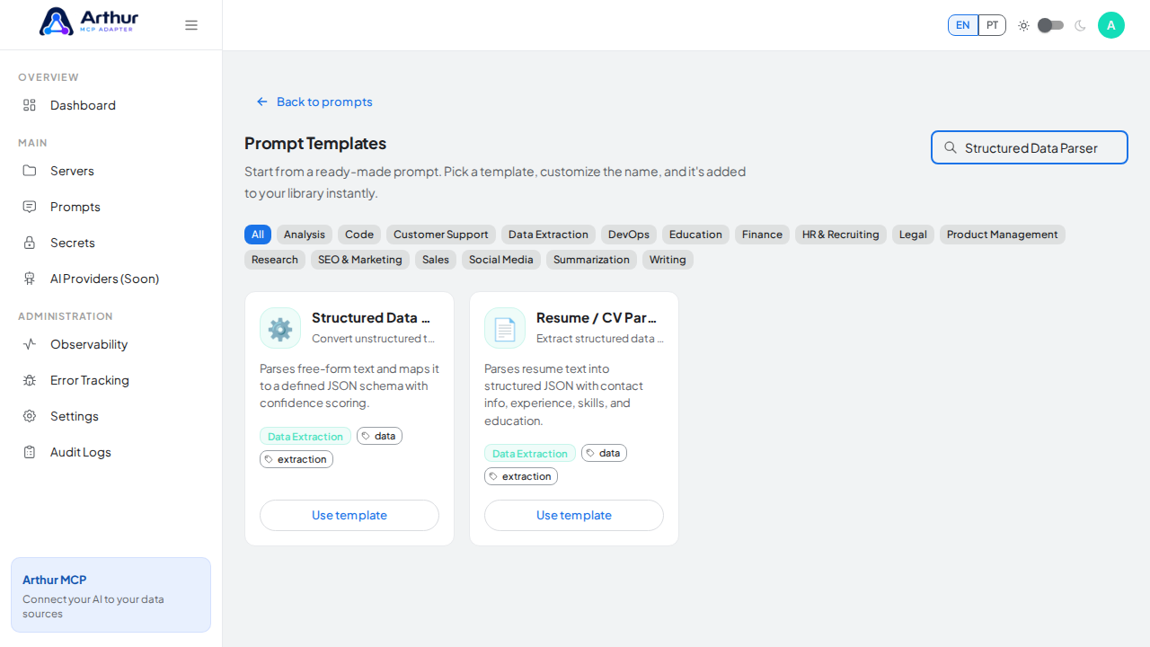 Search the catalog for the Structured Data Parser template