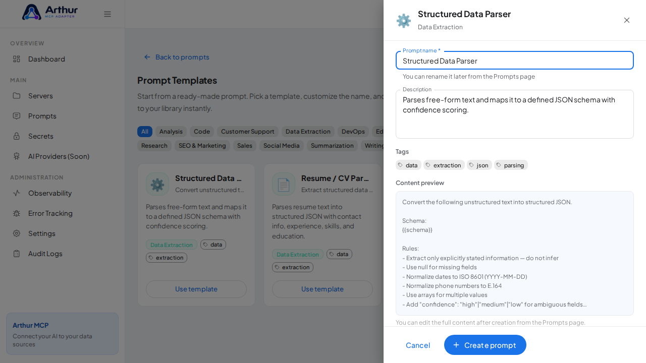 Open the Structured Data Parser template with its prefilled name and content preview