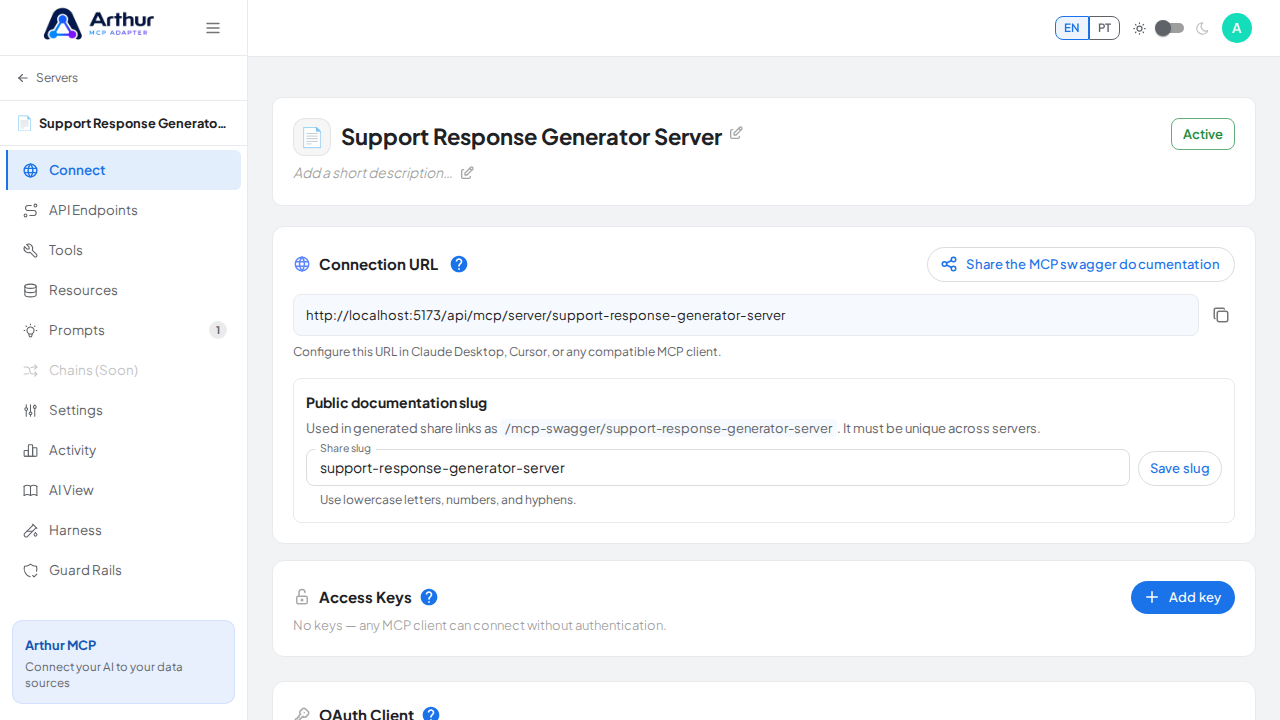 Open the server's Connect section, where the MCP endpoint and its documentation live